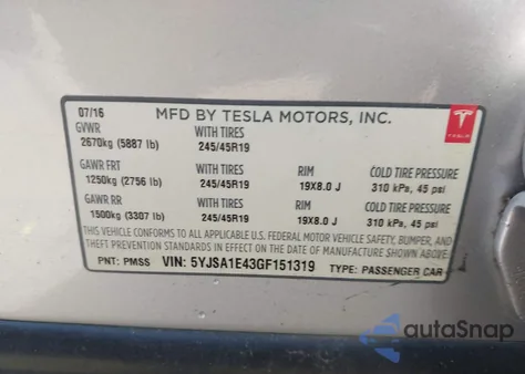 2016 Tesla Model S 90D/P100D/P85D/P90D z USA, uszkodzony, nr VIN 5YJSA1E43GF151319